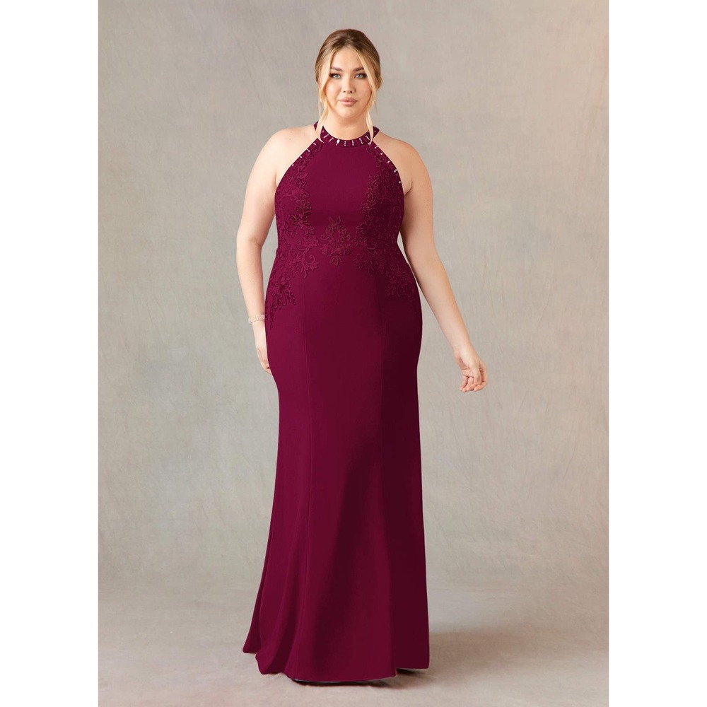 Azazie Tyra Burgundy Mermaid Halter Lace Sequin Stretch Crepe Dress Size 14